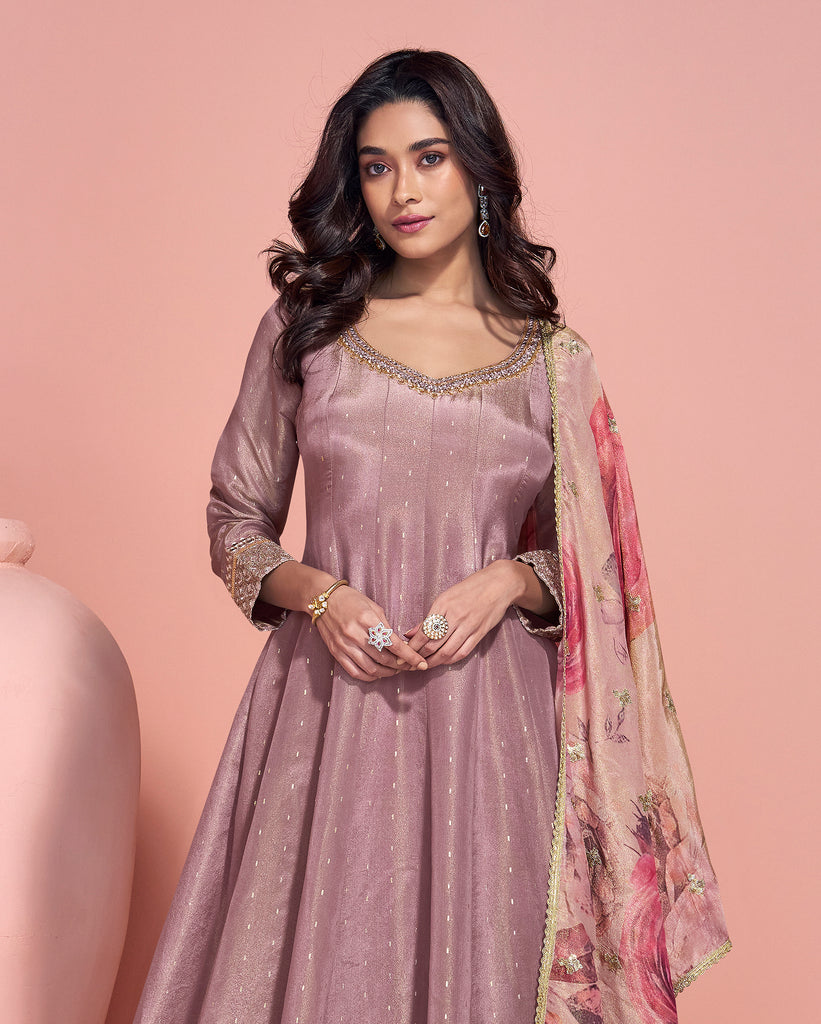 Dull Mauve Designer Embroidered Pure Jacquard Silk Anarkali Suit-Saira's Boutique