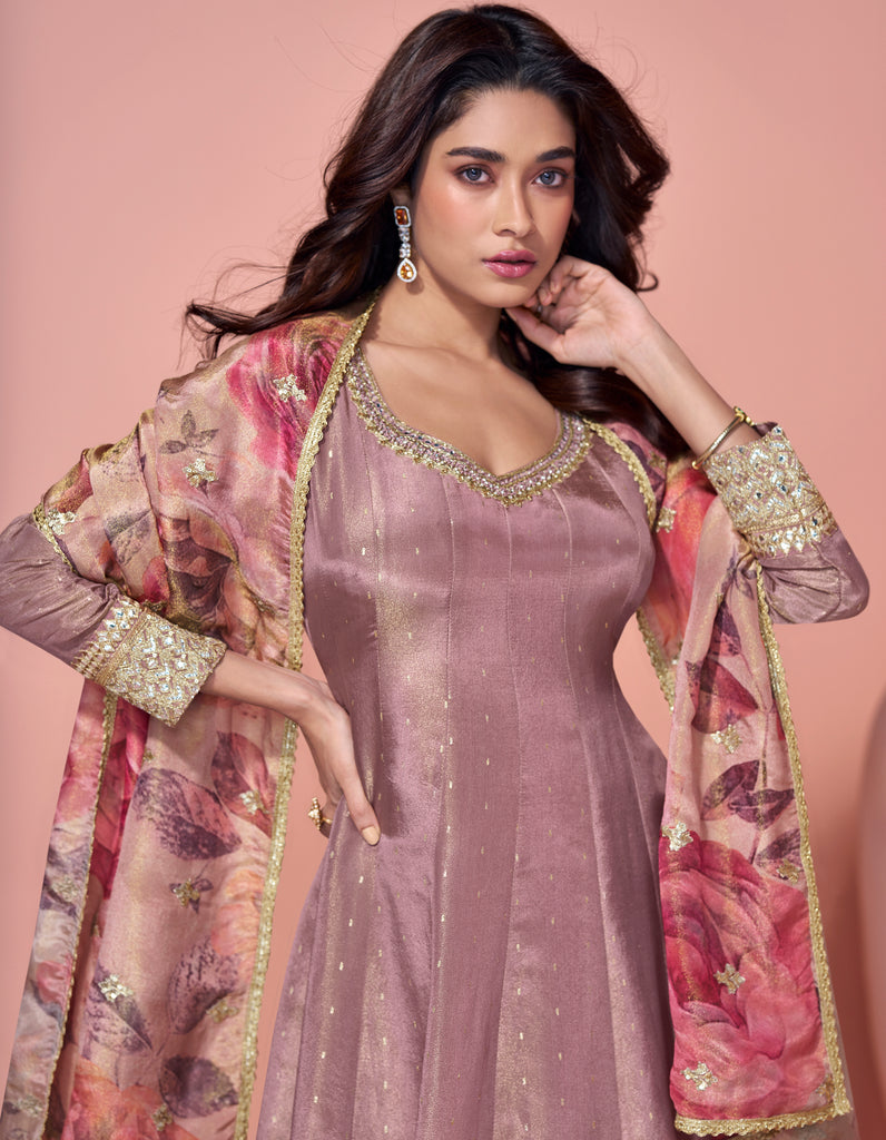 Dull Mauve Designer Embroidered Pure Jacquard Silk Anarkali Suit-Saira's Boutique