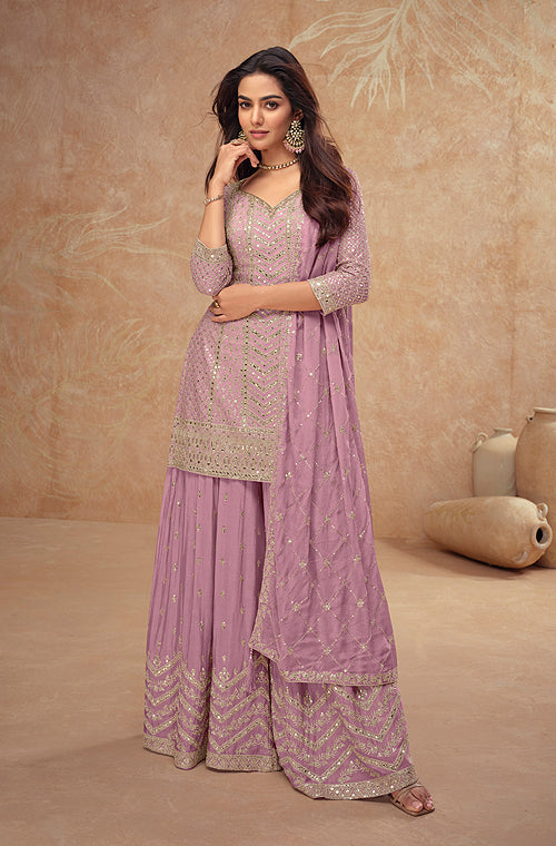 Dull Mauve Designer Embroidered Wedding Sharara Suit