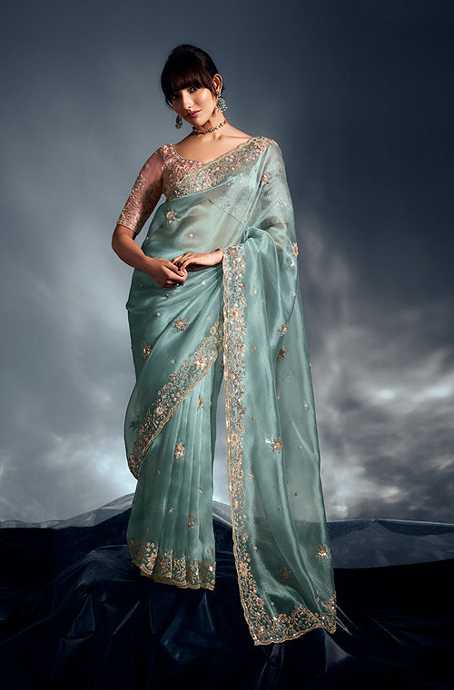 Dusty Mint Designer Embroidered Tissue Organza Wedding Party Wear Saree