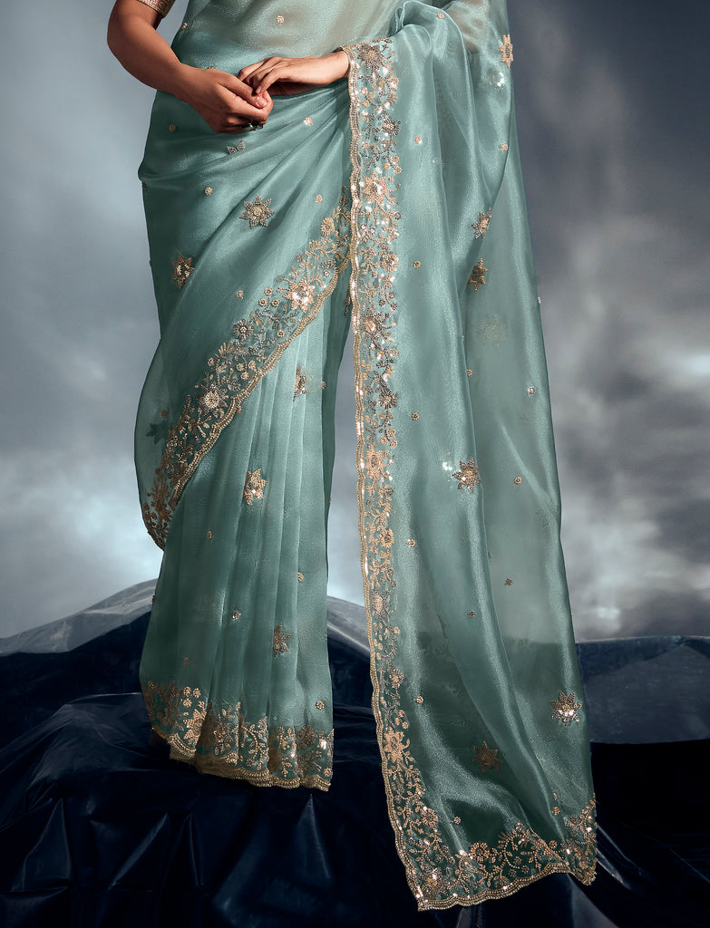 Dusty Mint Designer Embroidered Tissue Organza Wedding Party Wear Saree-Saira's Boutique