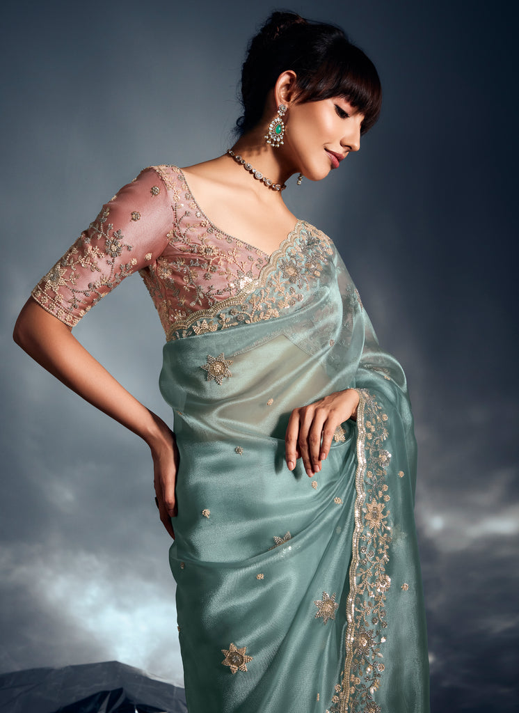 Dusty Mint Designer Embroidered Tissue Organza Wedding Party Wear Saree-Saira's Boutique