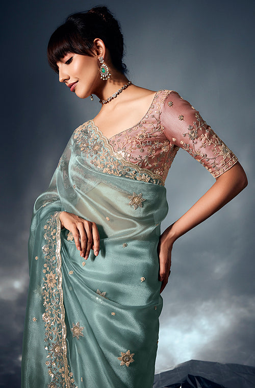 Dusty Mint Designer Embroidered Tissue Organza Wedding Party Wear Saree-Saira's Boutique