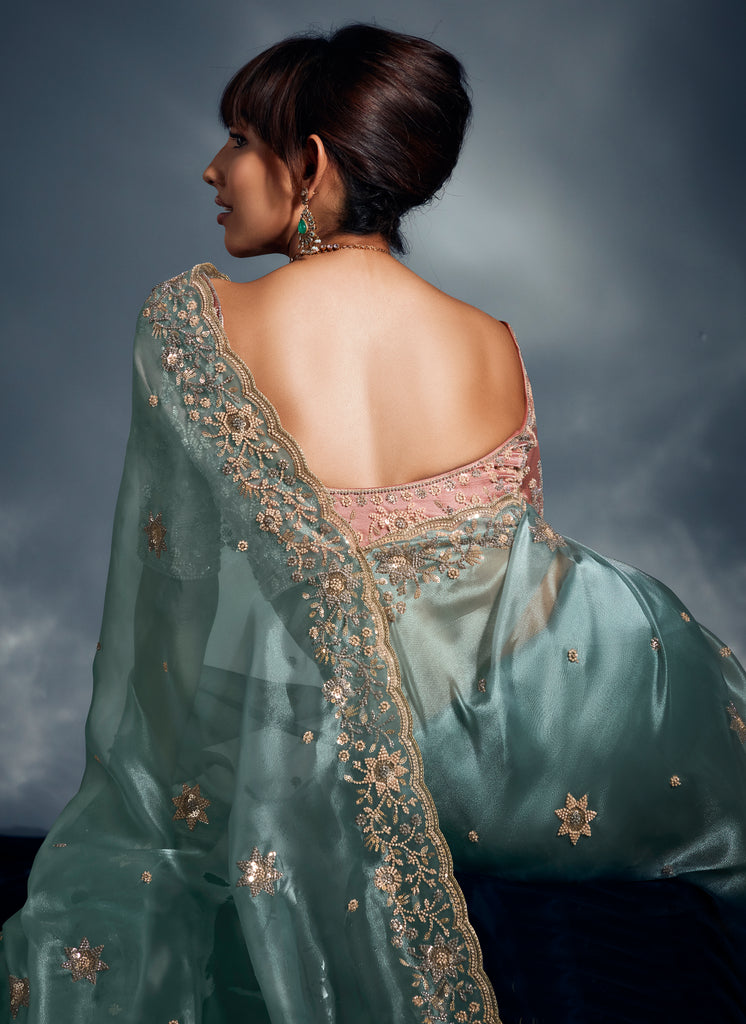 Dusty Mint Designer Embroidered Tissue Organza Wedding Party Wear Saree-Saira's Boutique