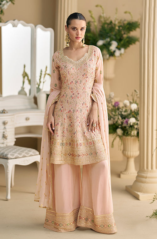 Dusty Peach Designer Embroidered Pure Georgette Wedding Palazzo Suit