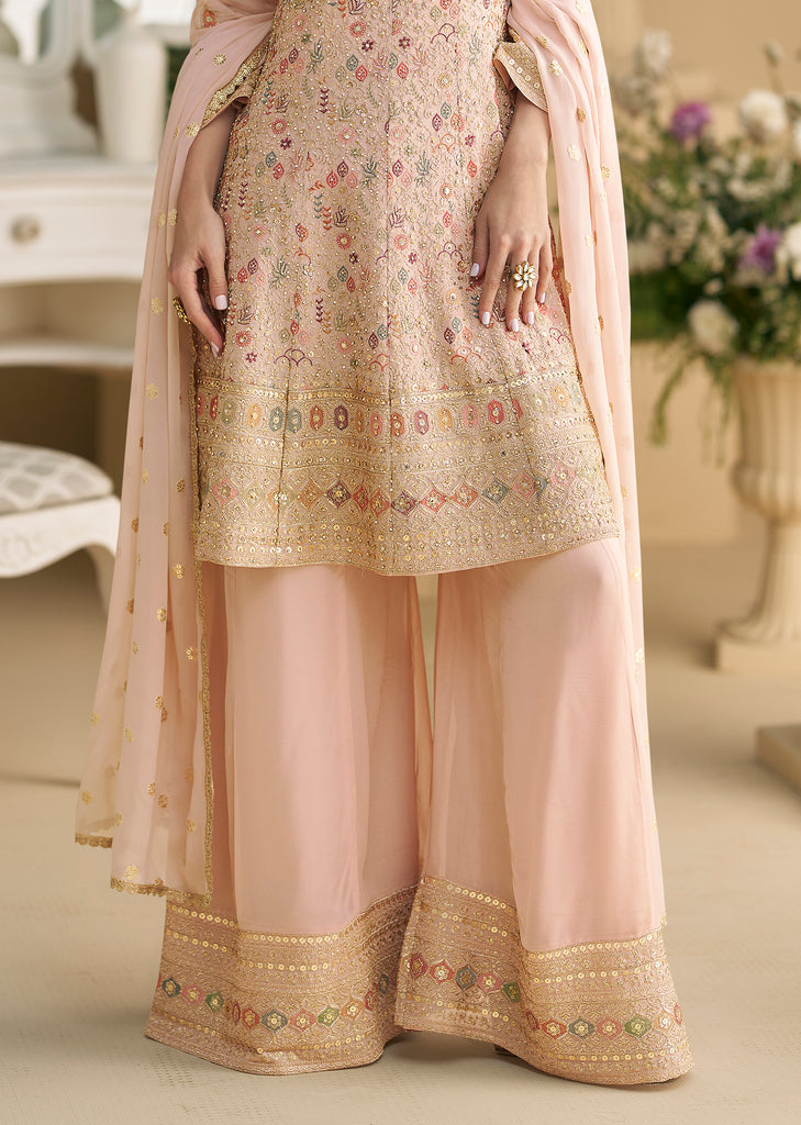 Dusty Peach Designer Embroidered Pure Georgette Wedding Palazzo Suit-Saira's Boutique