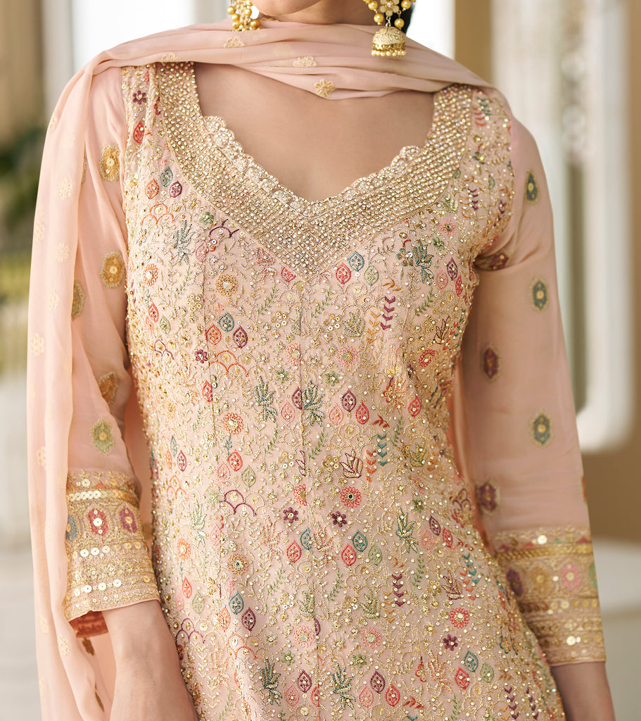 Dusty Peach Designer Embroidered Pure Georgette Wedding Palazzo Suit-Saira's Boutique