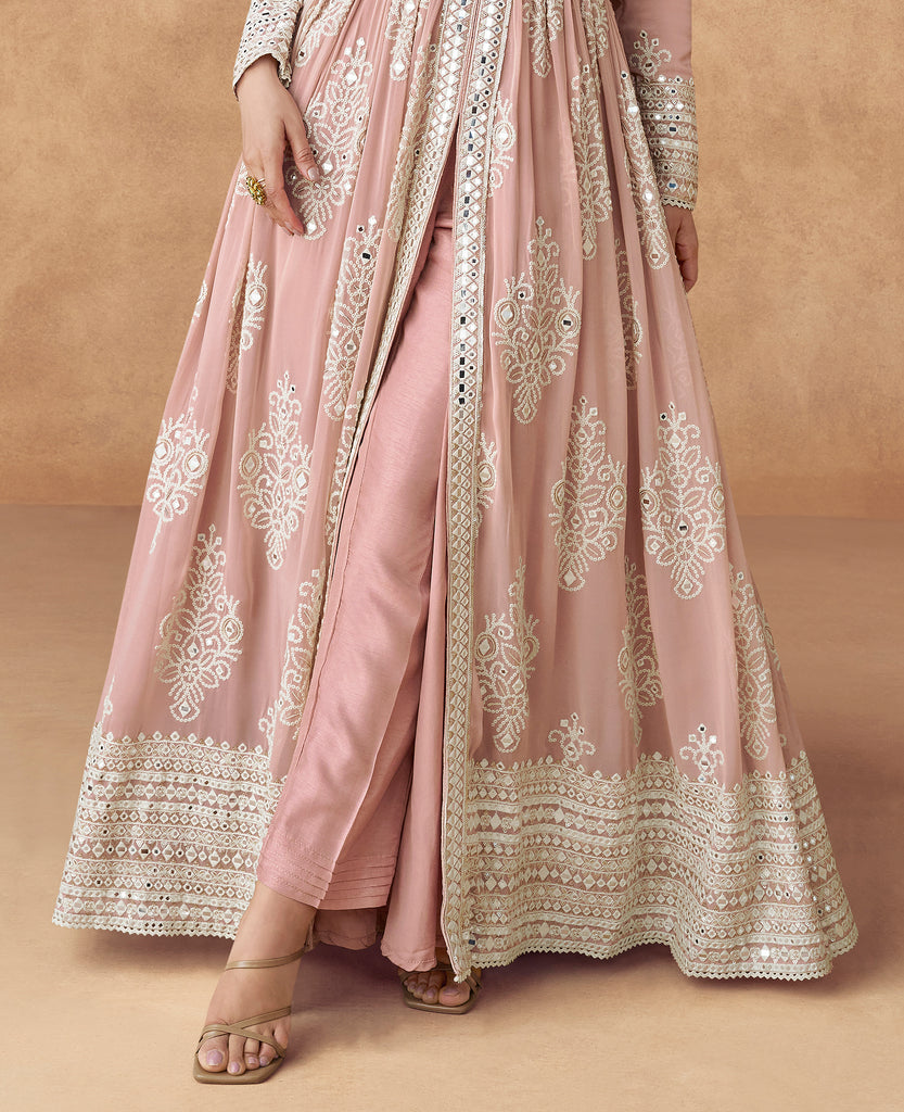 Dusty Rose Designer Embroidered Pure Georgette Pant Style Anarkali Suit-Saira's Boutique