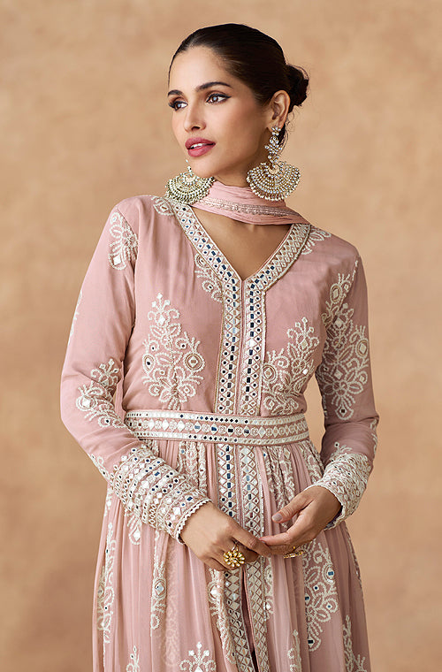 Dusty Rose Designer Embroidered Pure Georgette Pant Style Anarkali Suit-Saira's Boutique