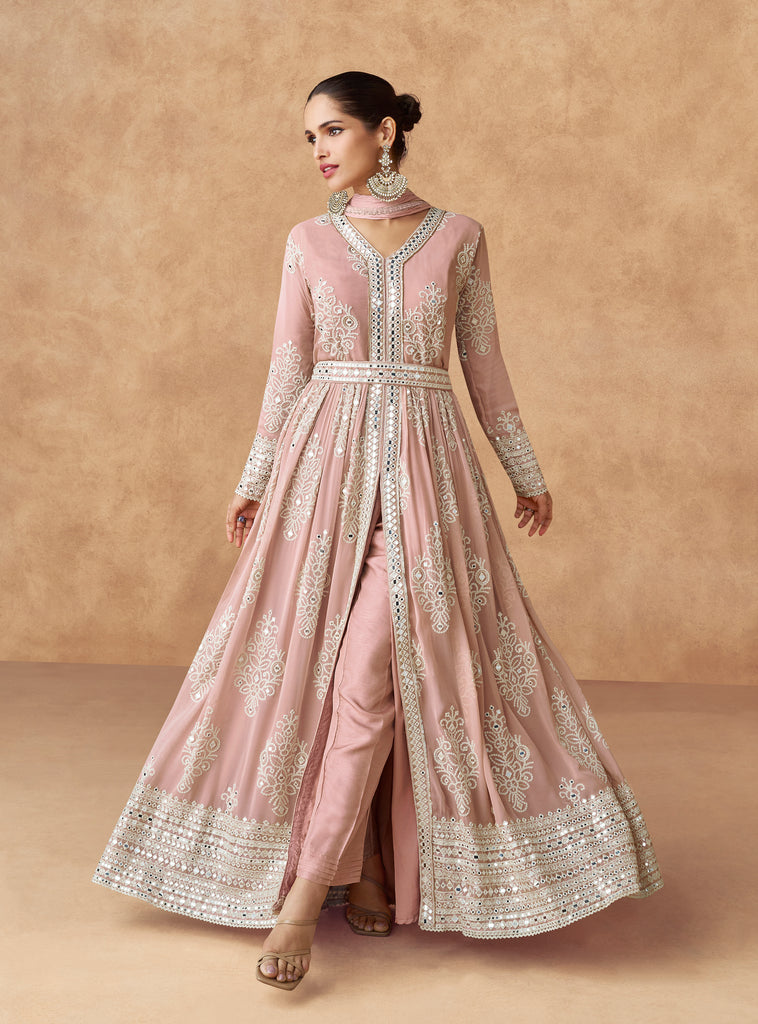 Dusty Rose Designer Embroidered Pure Georgette Pant Style Anarkali Suit-Saira's Boutique