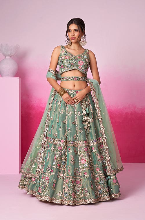 Green Designer Embroidered Wedding Bridal Net Lehenga Choli