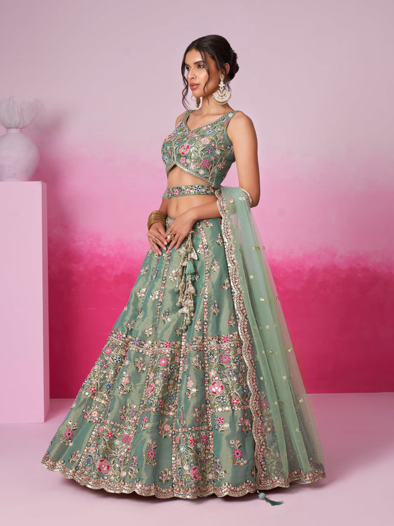 Green Designer Embroidered Wedding Bridal Net Lehenga Choli-Saira's Boutique