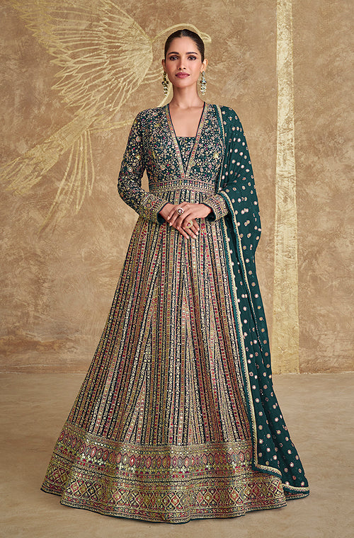 Green Designer Heavy Embroidered Georgette Wedding Anarkali Gown