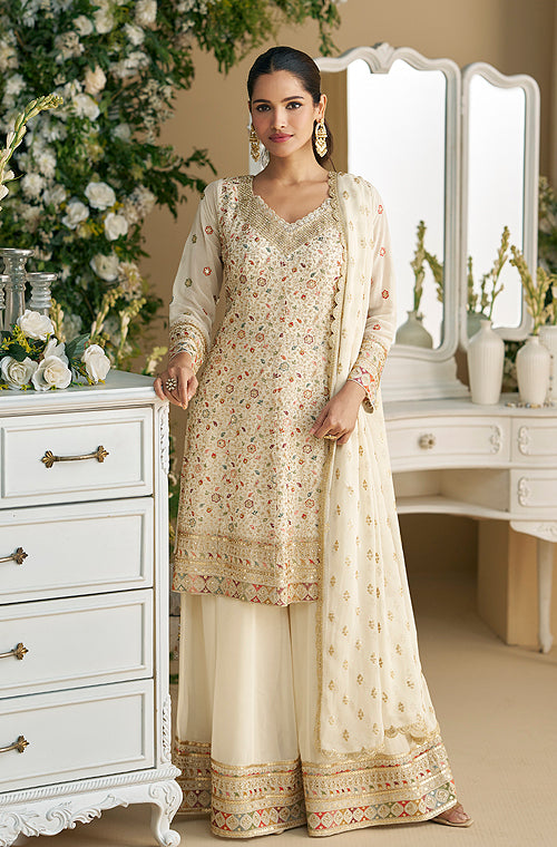 Light Cream Designer Embroidered Pure Georgette Wedding Palazzo Suit