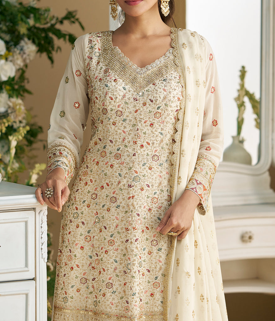 Light Cream Designer Embroidered Pure Georgette Wedding Palazzo Suit-Saira's Boutique