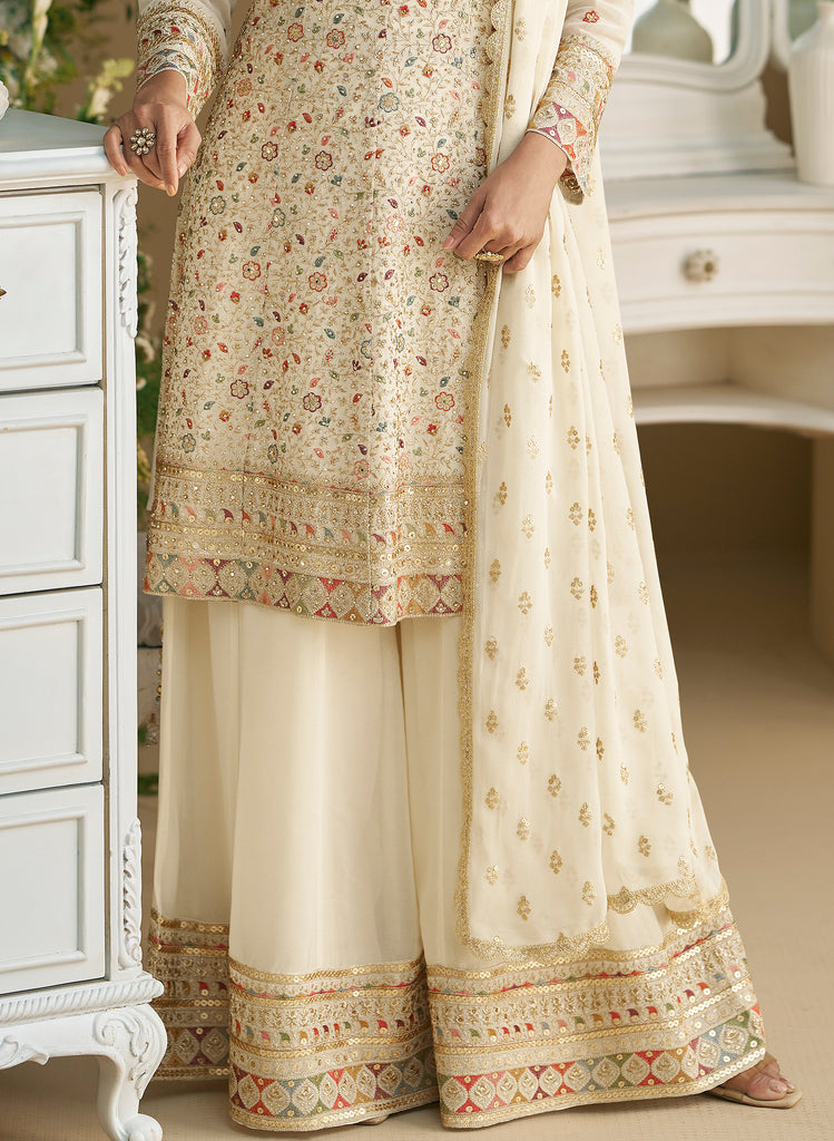 Light Cream Designer Embroidered Pure Georgette Wedding Palazzo Suit-Saira's Boutique