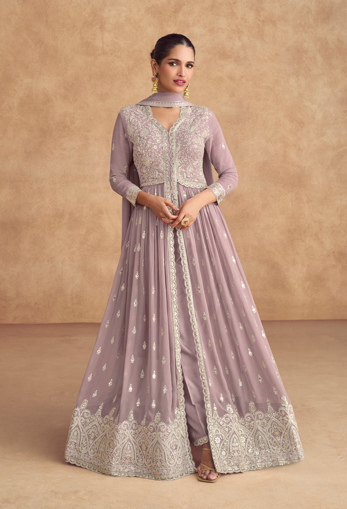 Light Mauve Designer Embroidered Pure Georgette Pant Style Anarkali Suit-Saira's Boutique