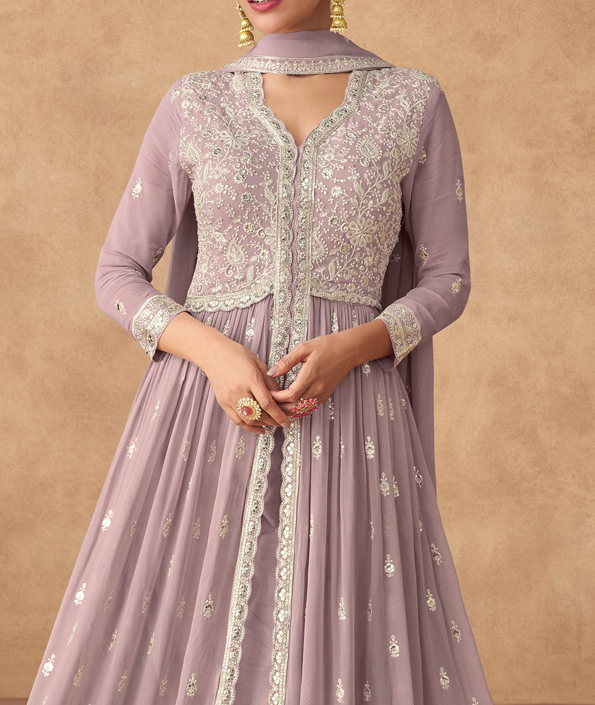 Light Mauve Designer Embroidered Pure Georgette Pant Style Anarkali Suit-Saira's Boutique