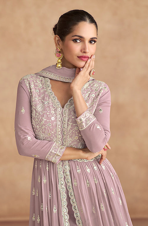 Light Mauve Designer Embroidered Pure Georgette Pant Style Anarkali Suit-Saira's Boutique