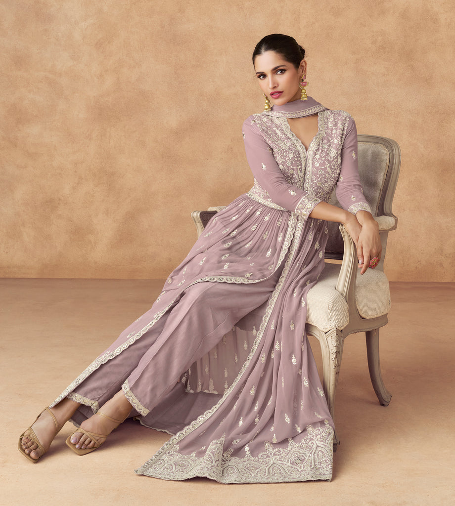 Light Mauve Designer Embroidered Pure Georgette Pant Style Anarkali Suit-Saira's Boutique
