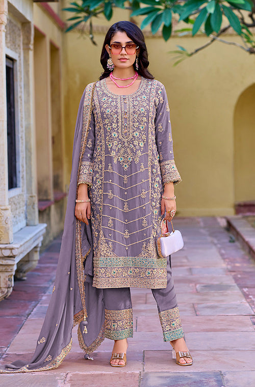 Light Mauve Designer Embroidered Wedding Party Wear Chinon Salwar Suit