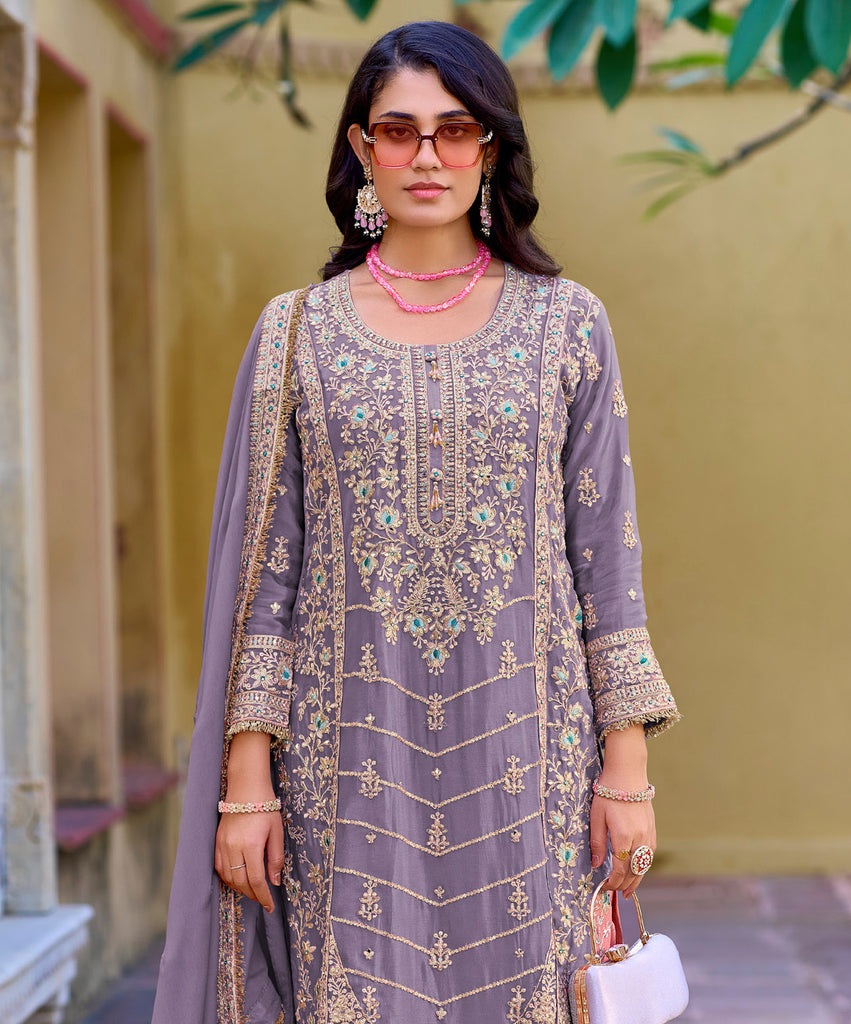Light Mauve Designer Embroidered Wedding Party Wear Chinon Salwar Suit-Saira's Boutique