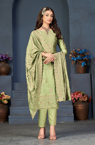 Dusty Sage Green Designer Embroidered Silk Wedding Sharara Suit