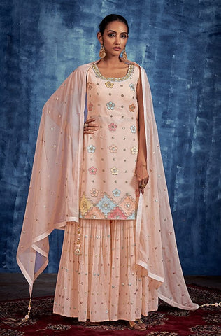 Mustard Designer Embroidered Silk Wedding Sharara Suit