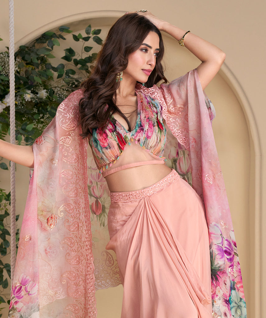 Light Peach Designer Embroidered Party Wear Lehenga with Shrug-Saira's Boutique