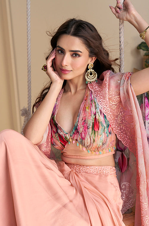 Light Peach Designer Embroidered Party Wear Lehenga with Shrug-Saira's Boutique