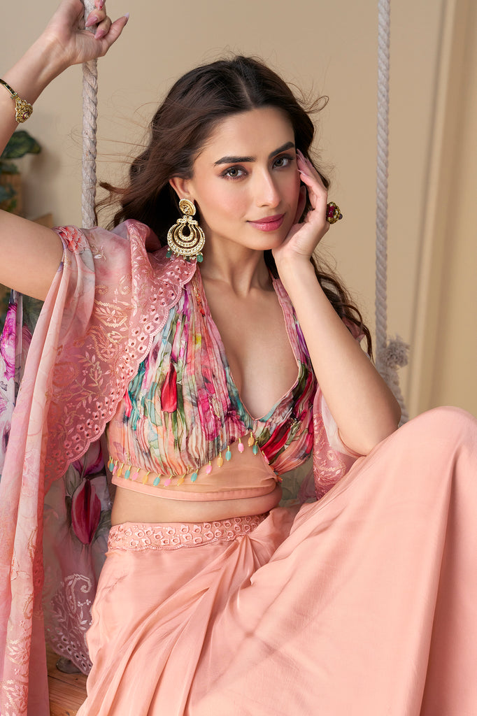 Light Peach Designer Embroidered Party Wear Lehenga with Shrug-Saira's Boutique