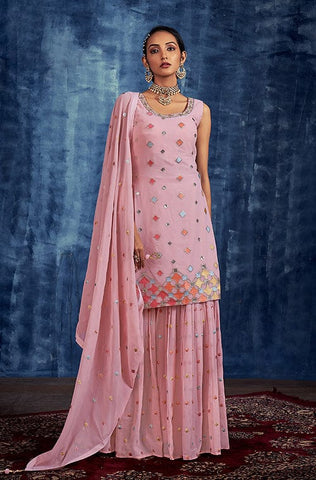 Oyster Pink Designer Embroidered Organza Silk Anarkali Salwar Suit