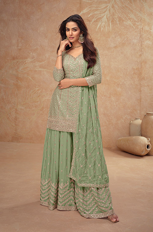 Light Pista Green Designer Embroidered Wedding Sharara Suit
