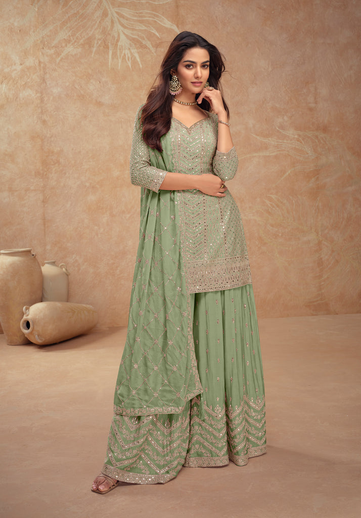 Light Pista Green Designer Embroidered Wedding Sharara Suit-Saira's Boutique