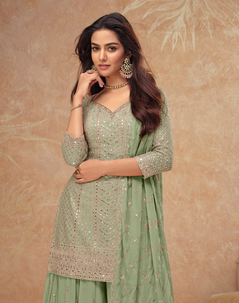 Light Pista Green Designer Embroidered Wedding Sharara Suit-Saira's Boutique