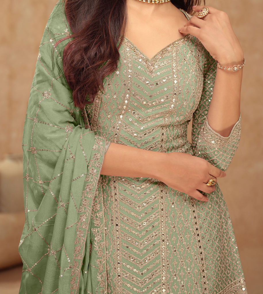 Light Pista Green Designer Embroidered Wedding Sharara Suit-Saira's Boutique
