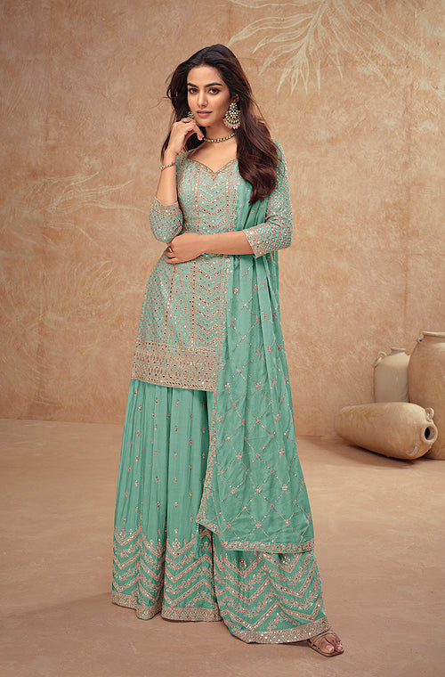 Light Sea Green Designer Embroidered Wedding Sharara Suit