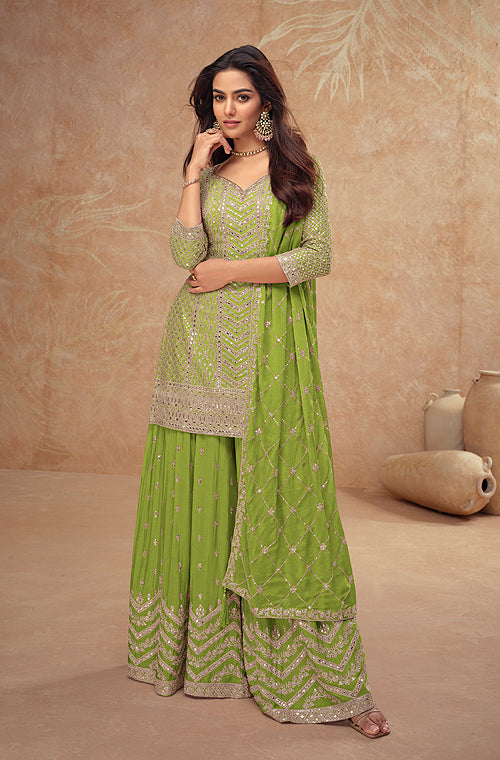Lime Green Designer Embroidered Wedding Sharara Suit