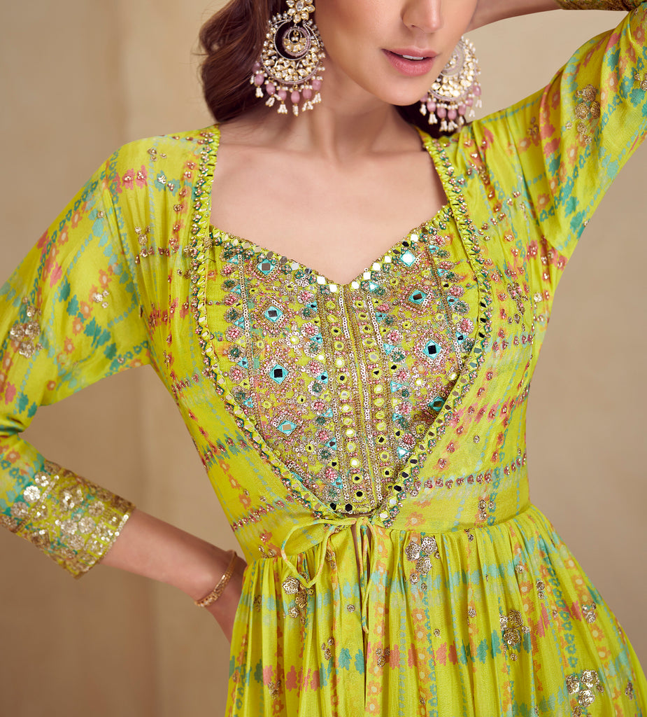 Lime Olive Green Designer Embroidered Party Wear Kurti Style Palazzo Suit-Saira's Boutique