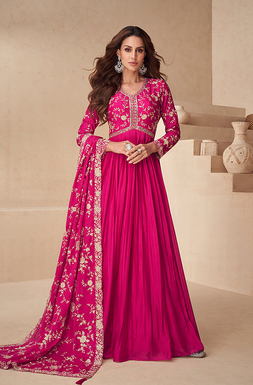 Magenta Designer Embroidered Chinon Silk Party Wear Anarkali Suit