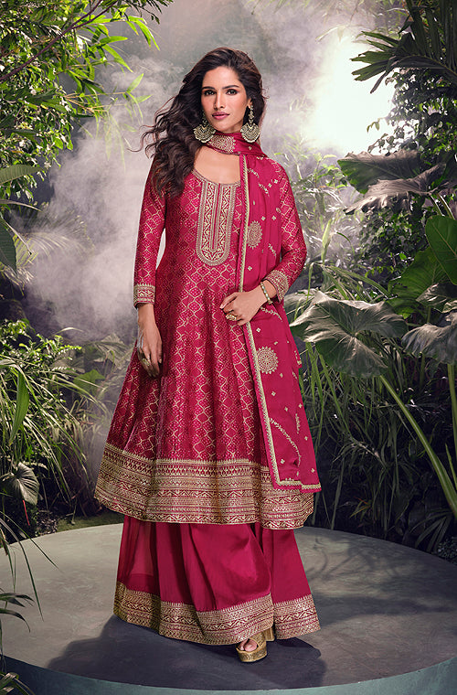 Magenta Designer Embroidered Jacquard Silk Anarkali Style Palazzo Suit