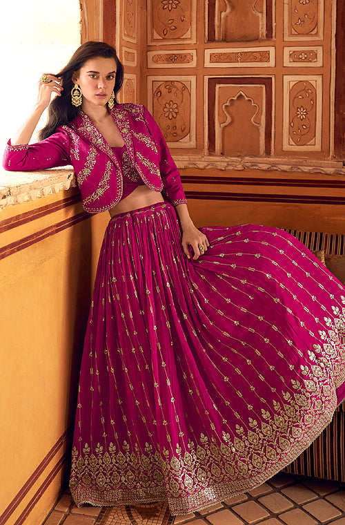Magenta Designer Embroidered Party Wear Jacket Style Chinon Lehenga