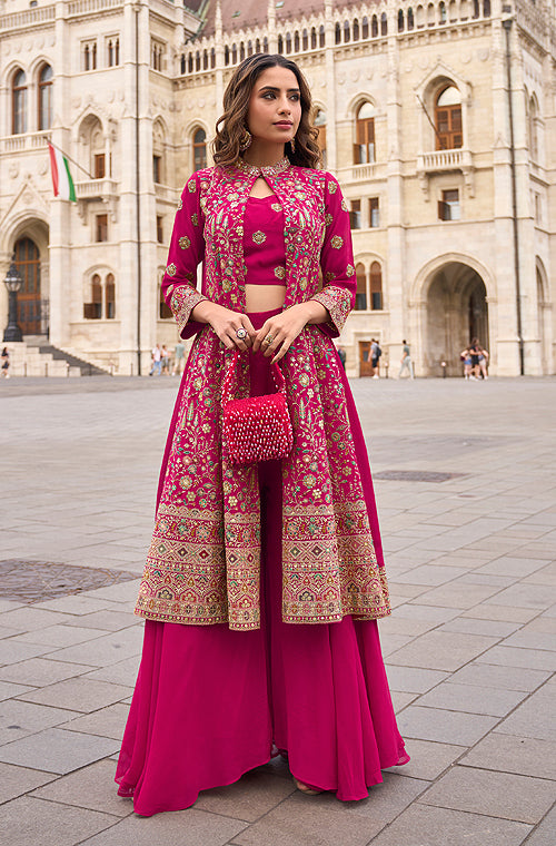 Magenta Designer Embroidered Party Wear Palazzo Suit with Shrug