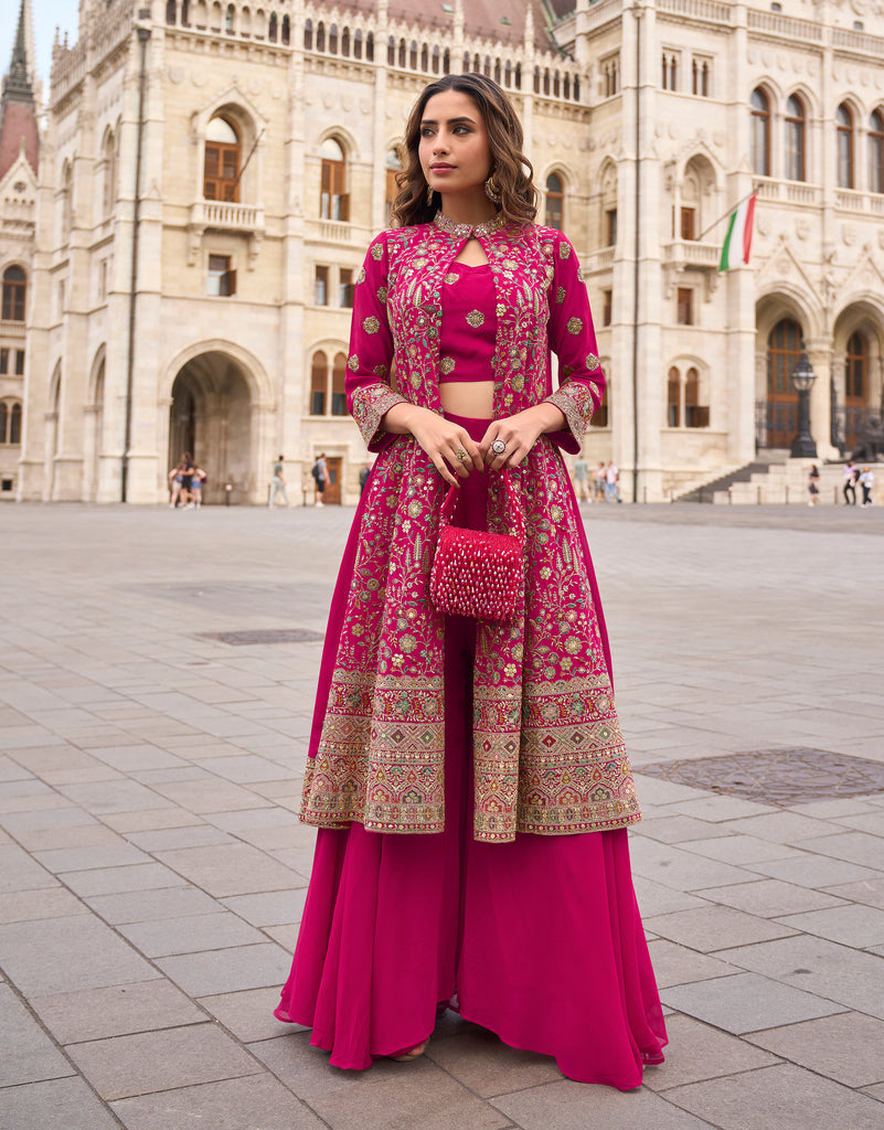 Magenta Designer Embroidered Party Wear Palazzo Suit with Shrug-Saira's Boutique