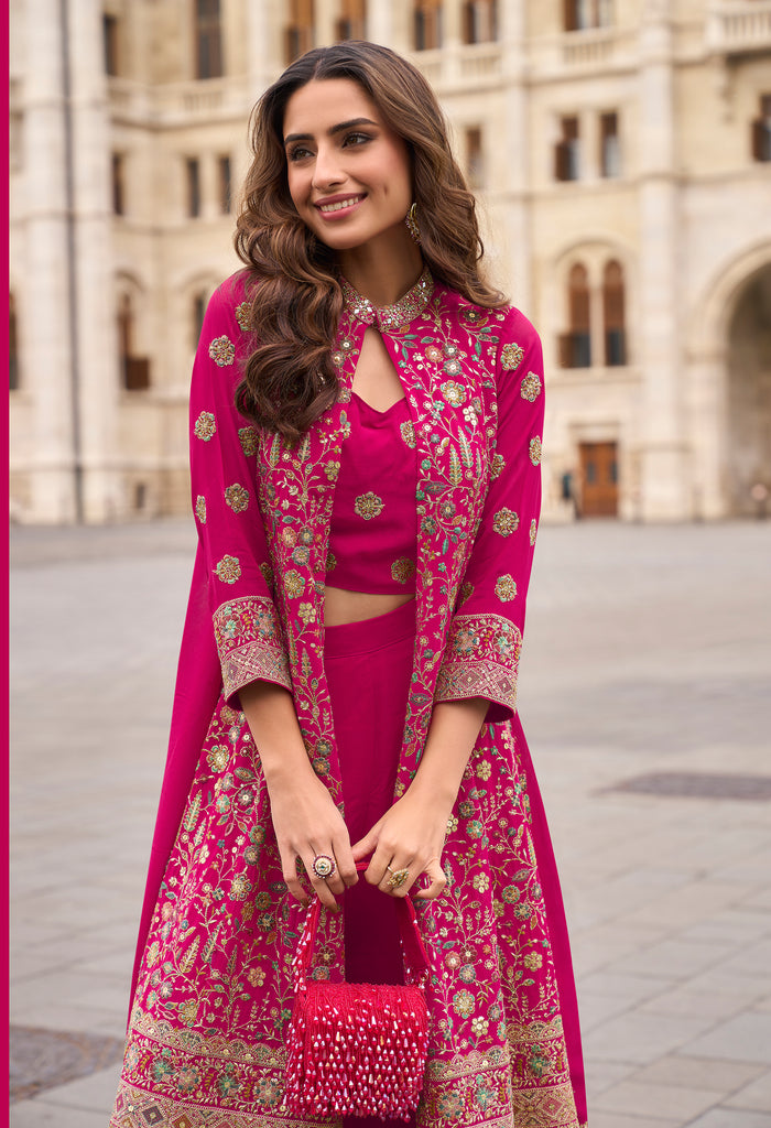 Magenta Designer Embroidered Party Wear Palazzo Suit with Shrug-Saira's Boutique
