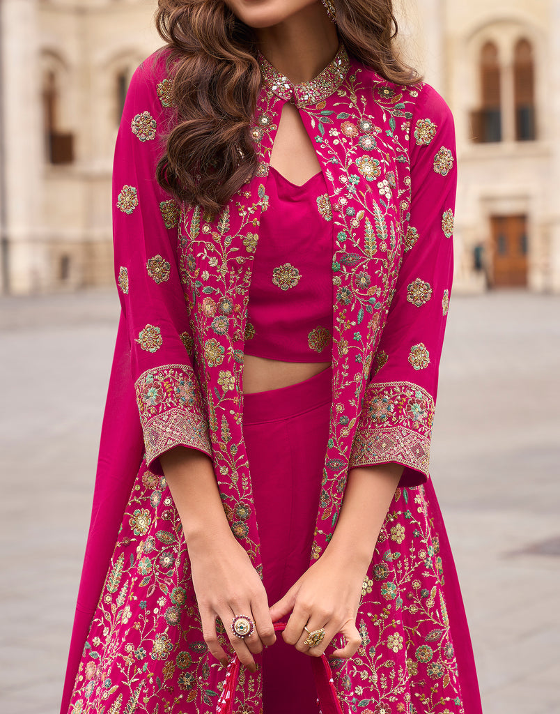 Magenta Designer Embroidered Party Wear Palazzo Suit with Shrug-Saira's Boutique