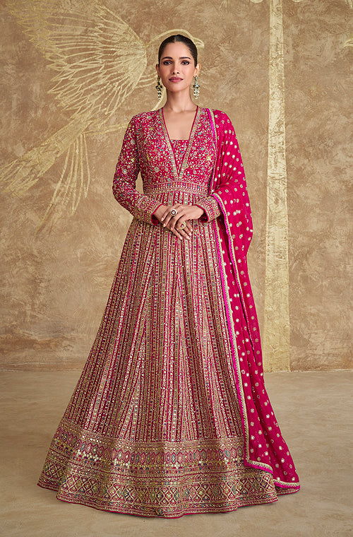 Magenta Designer Heavy Embroidered Georgette Wedding Anarkali Gown