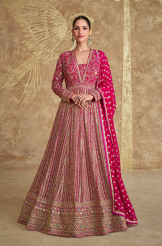 Shaded Blue Designer Heavy Embroidered Pure Georgette Wedding Anarkali Gown