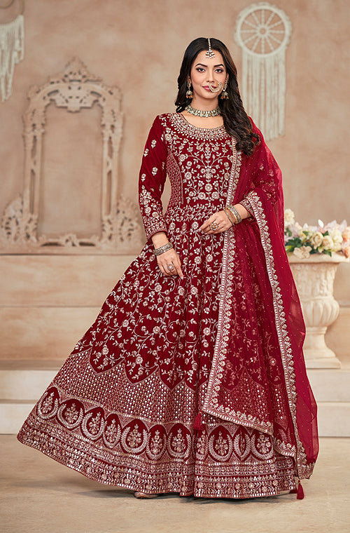 Maroon Designer Heavy Embroidered Velvet Anarkali Suit