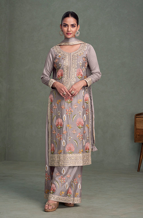 Mauve Gray Designer Embroidered Premium Chinon Silk Party Wear Palazzo Suit